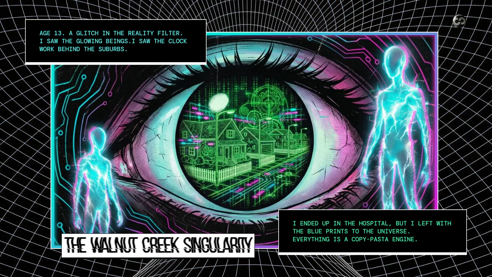 Panel 2, The Walnut Creek Singularity. A giant eye reflecting a green circuit-board suburb, flanked by two glowing figures.