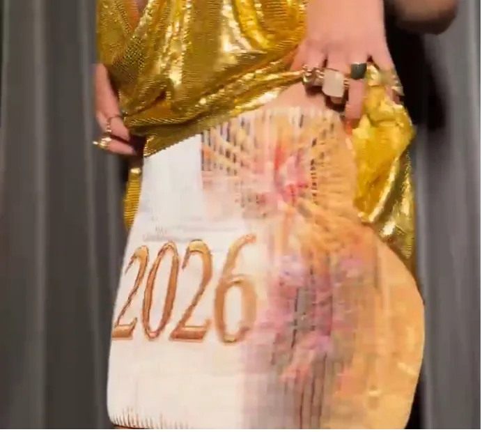 Lenticular skirt seen from the left: the number 2026 appears in the weave.