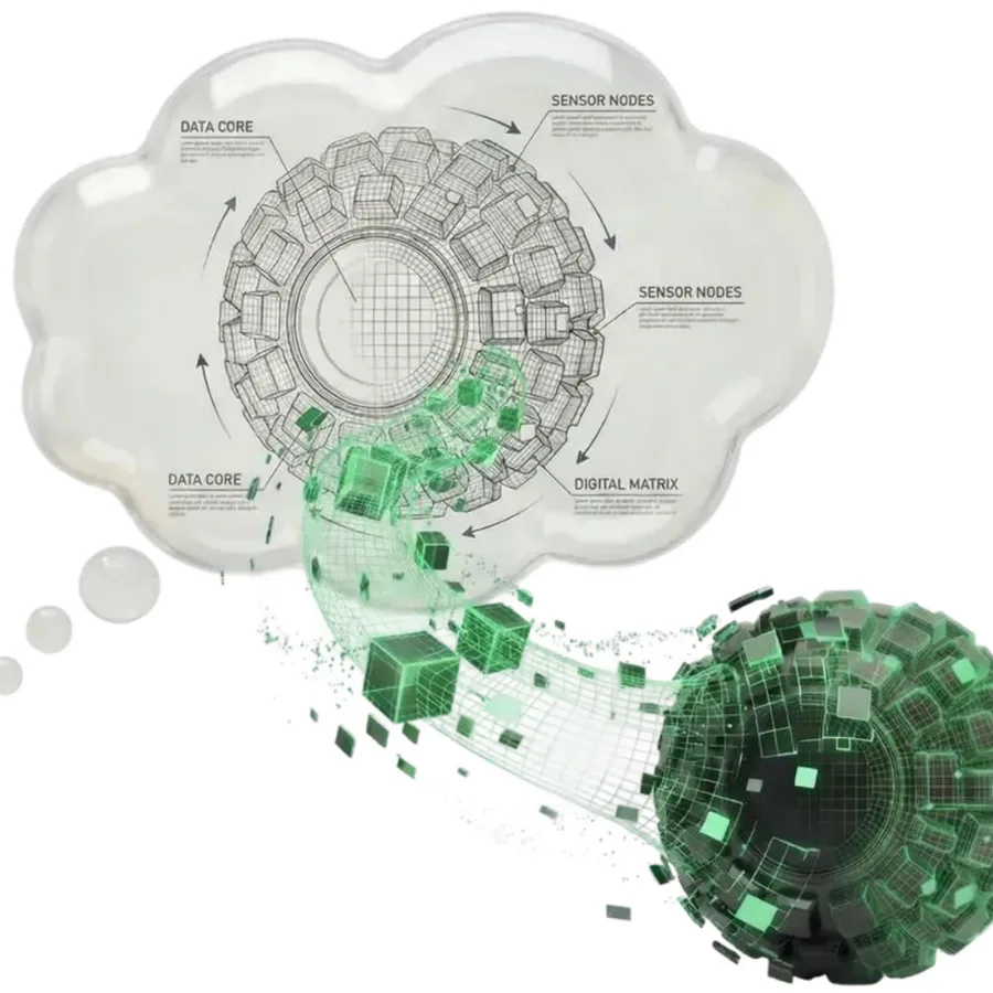 A thought cloud holding a wireframe blueprint of a device, streaming out as green voxels that build a sphere.