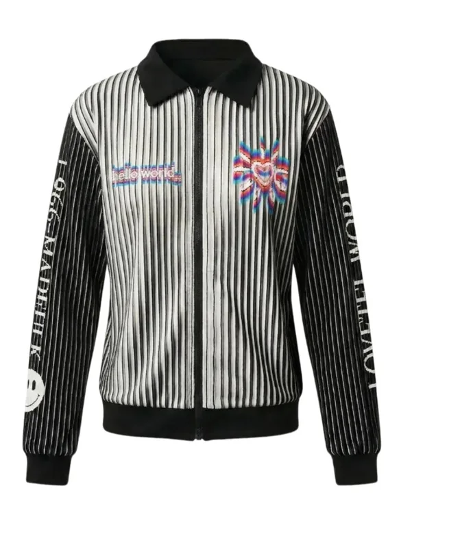 A black-and-white striped lenticular zip jacket with small bright graphics on the chest and sleeves.