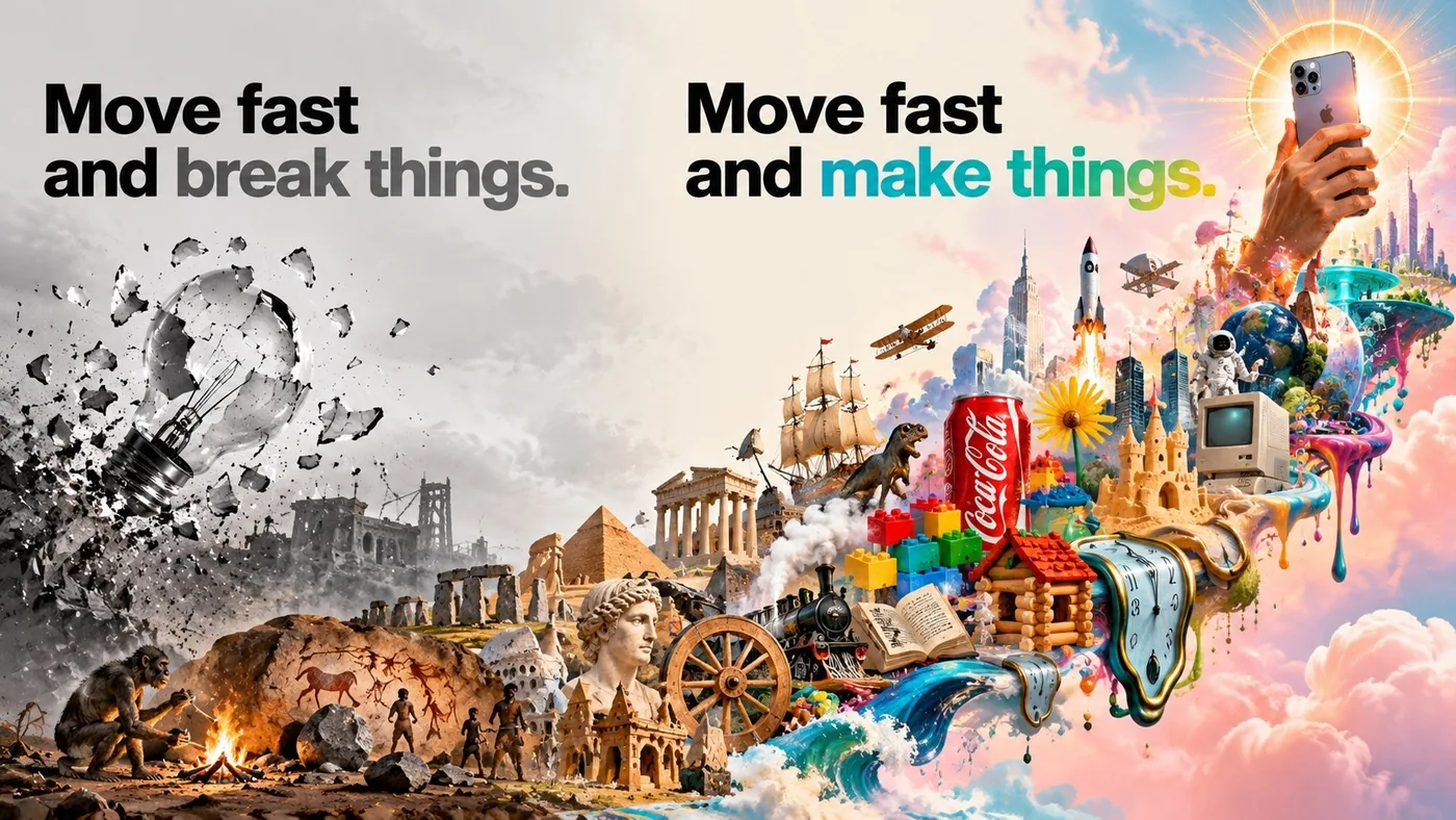 One panorama in two halves. Left, in grey, the words “Move fast and break things.” over a shattering light bulb and crumbling ruins. Right, in full colour, “Move fast and make things.” over a timeline of things people made and kept: a cave fire and cave paintings, the pyramids, the Parthenon, a sailing ship, a steam train, a soda can, toy bricks, a log cabin, a melting clock, a desktop computer, a rocket and an astronaut, rising to a hand that holds a phone up to the sun.