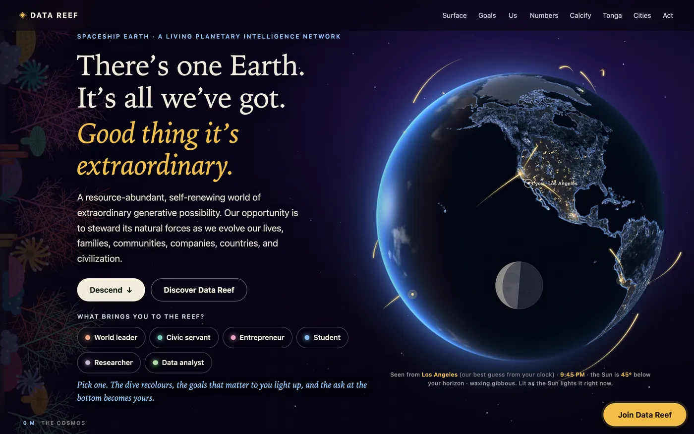 Data Reef: a night-side Earth beside “There’s one Earth. It’s all we’ve got.”