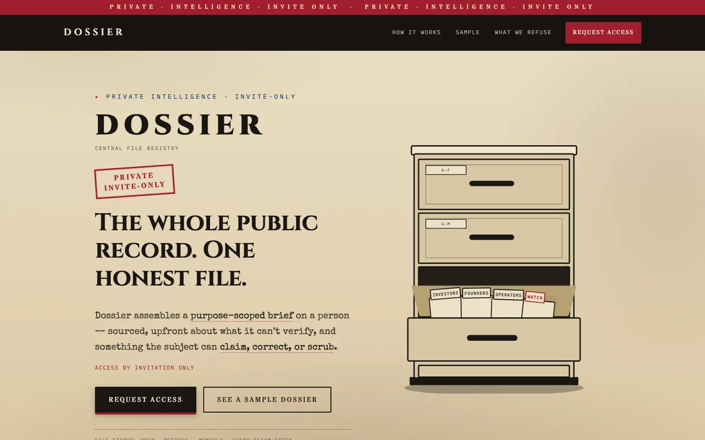 Dossier’s landing page: “The whole public record. One honest file.” beside a filing cabinet
