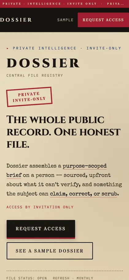 Dossier’s landing page on a phone