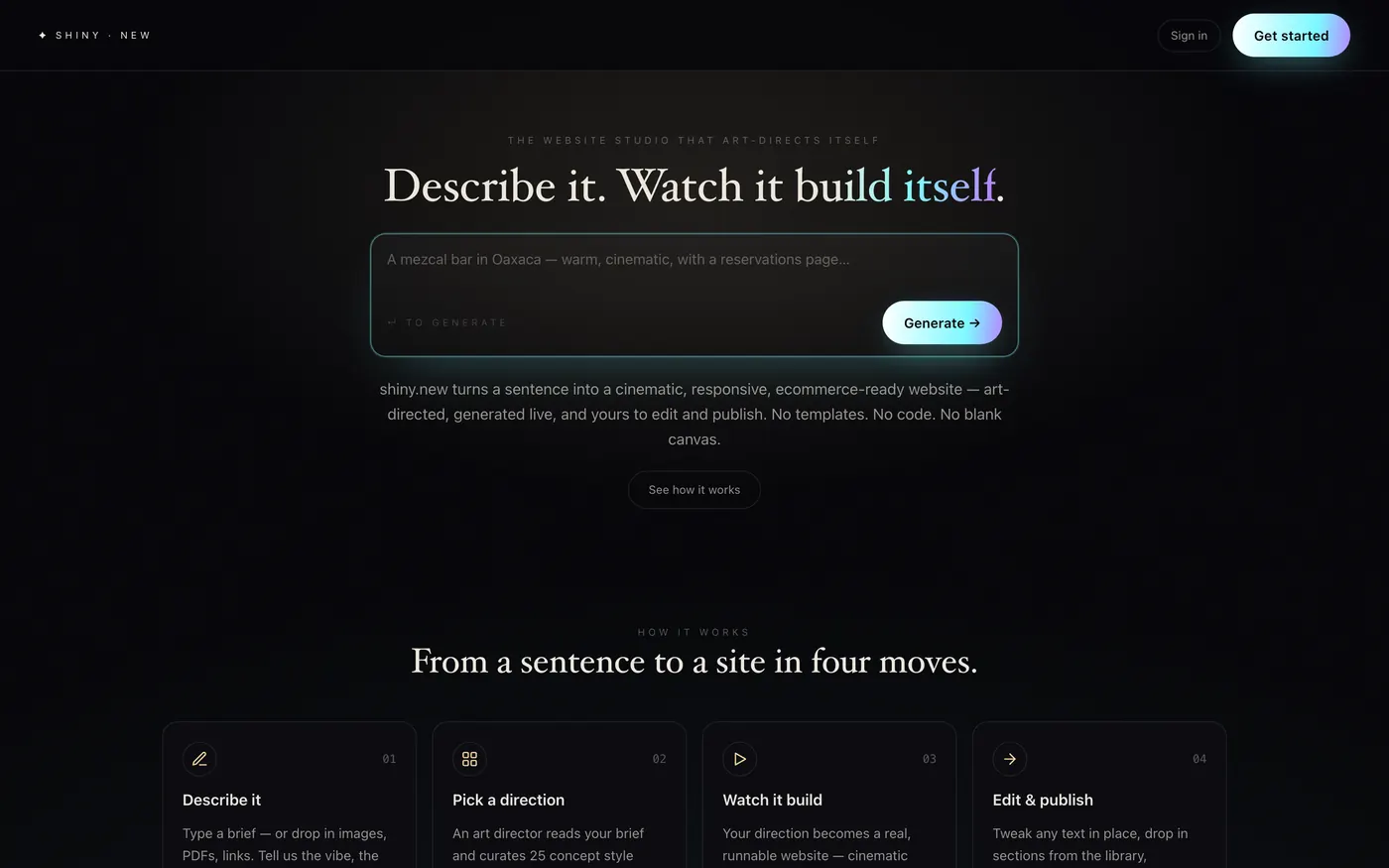 Shiny’s landing page: “Describe it. Watch it build itself.” over a prompt box