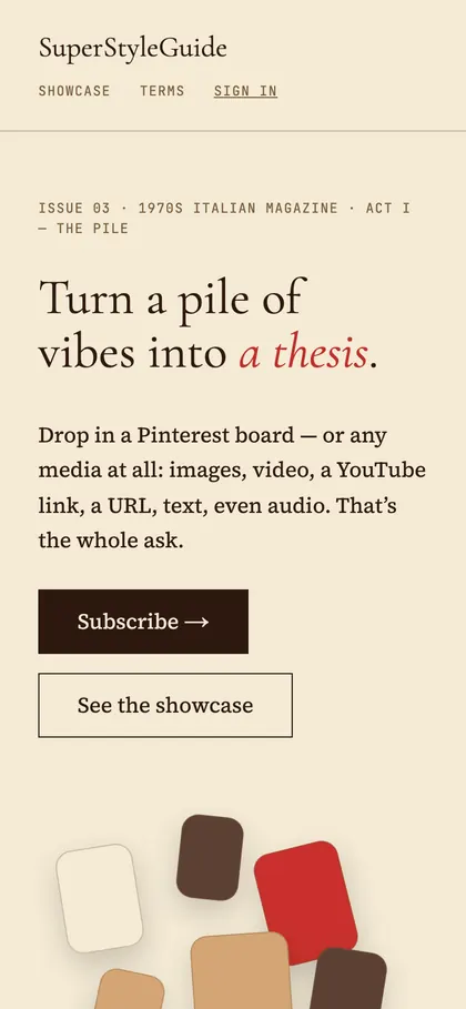SuperStyleGuide’s landing page on a phone