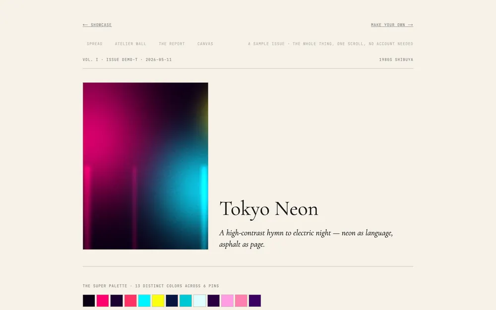 A SuperStyleGuide demo guide, Tokyo Neon, with its palette