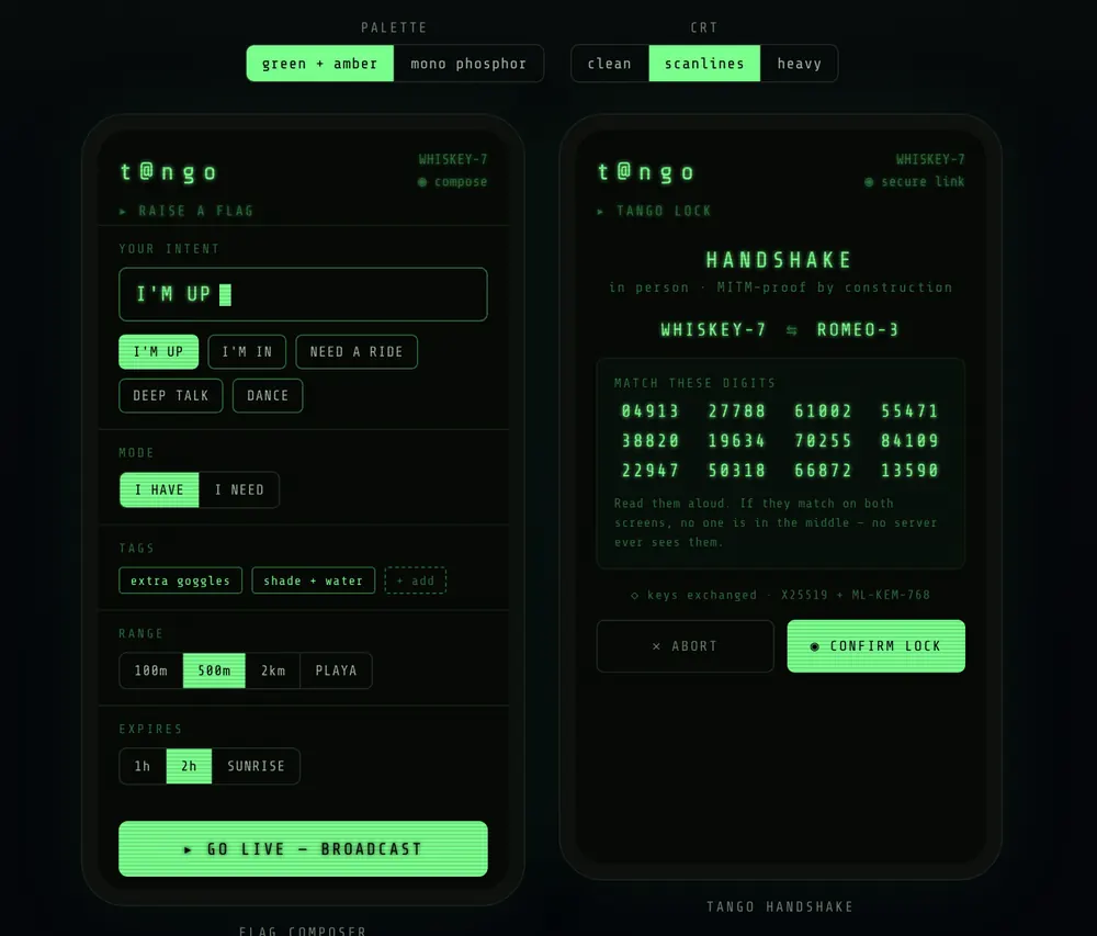 Two Tango screens: raising a flag, and locking a handshake in person