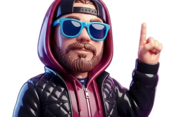 Illustrated avatar of Justin Farrow: a backwards cap under a red hood, blue sunglasses, a finger raised.
